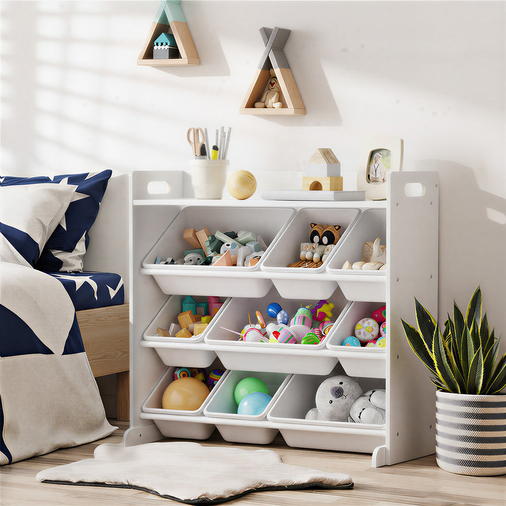 Kids Toy Storage Organiser 9 Bin Bookshelf Shelf Unit for Playroom Grey/White