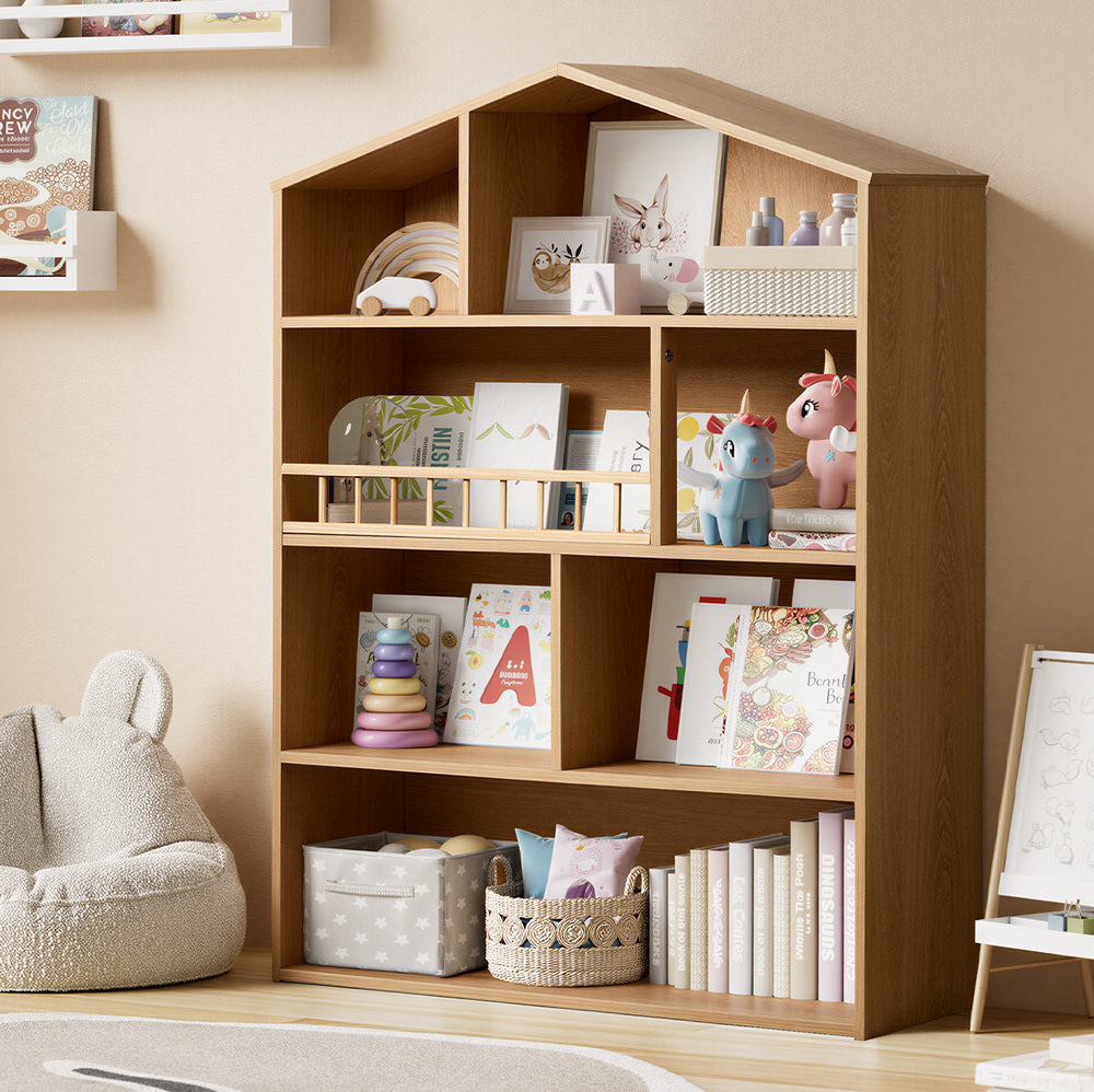 Kids Bookshelf House Bookcase Display Rack 4 Tier Natural 92x75x24cm