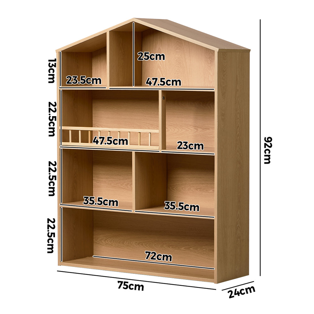 Kids Bookshelf House Bookcase Display Rack 4 Tier Natural 92x75x24cm