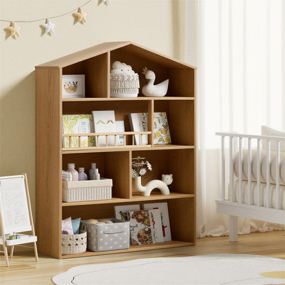 Kids Bookshelf House Bookcase Display Rack 4 Tier Natural 92x75x24cm