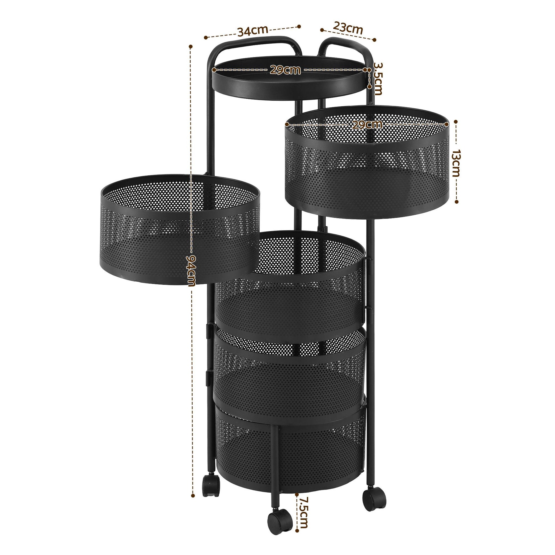 5 Tier Rolling Storage Trolley Black Basket | HomeAndLiving - 4