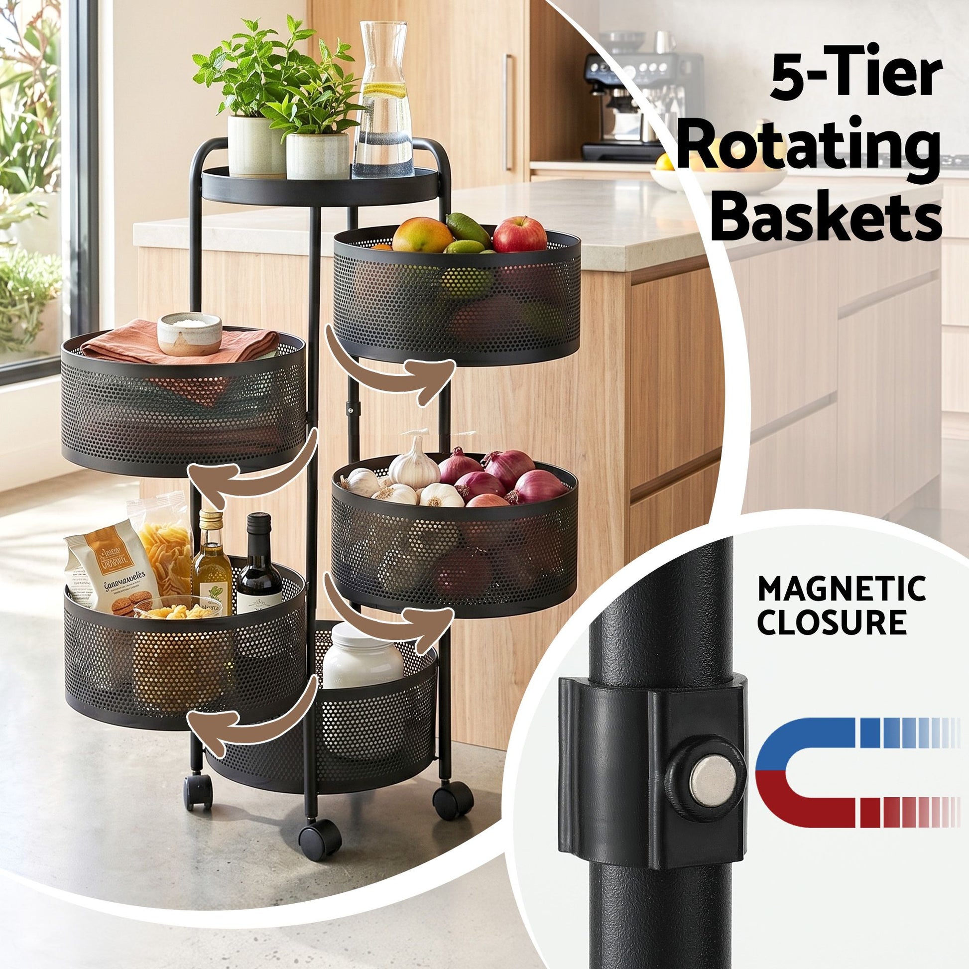 5 Tier Rolling Storage Trolley Black Basket | HomeAndLiving - 6