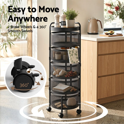 5 Tier Rolling Storage Trolley Black Basket | HomeAndLiving - 7