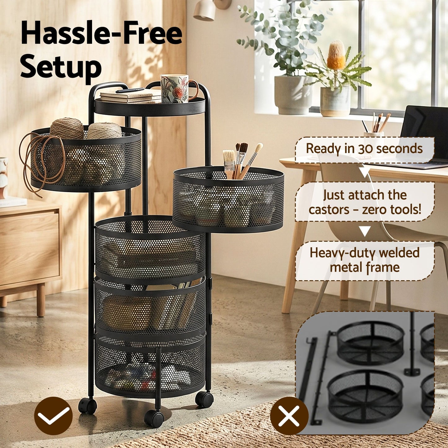5 Tier Rolling Storage Trolley Black Basket | HomeAndLiving - 8