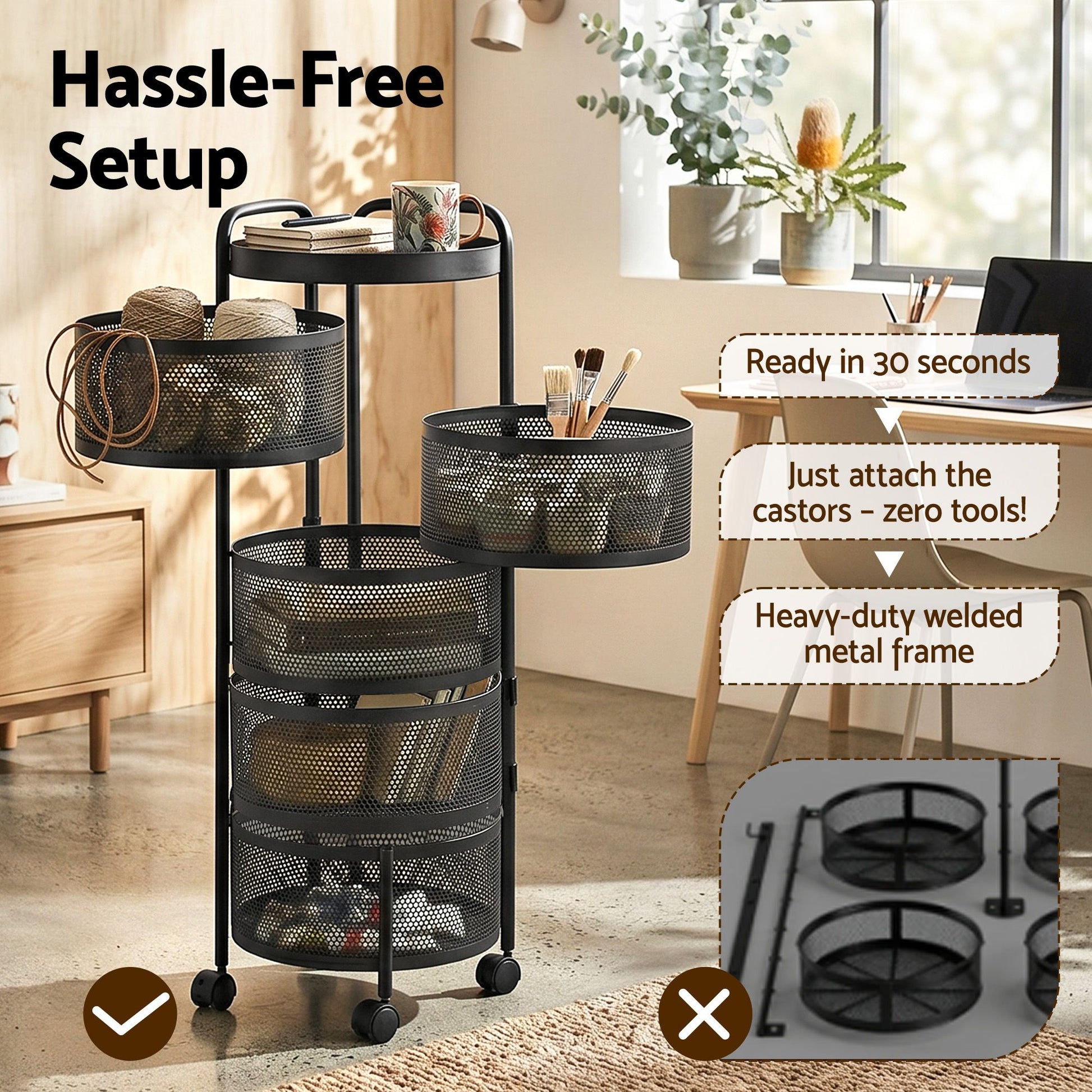 5 Tier Rolling Storage Trolley Black Basket | HomeAndLiving - 8