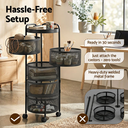 5 Tier Rolling Storage Trolley Black Basket | HomeAndLiving - 8