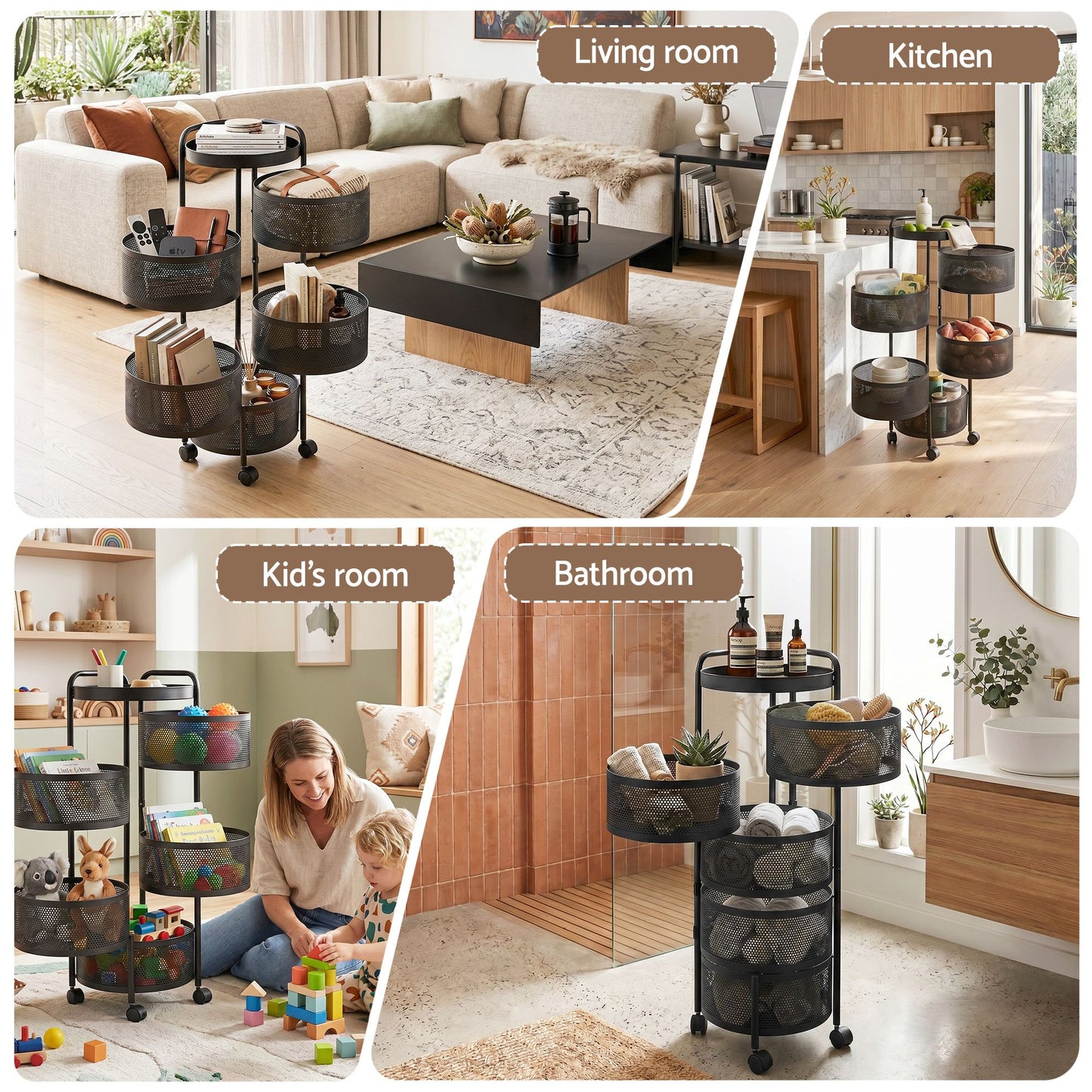5 Tier Rolling Storage Trolley Black Basket | HomeAndLiving - 10