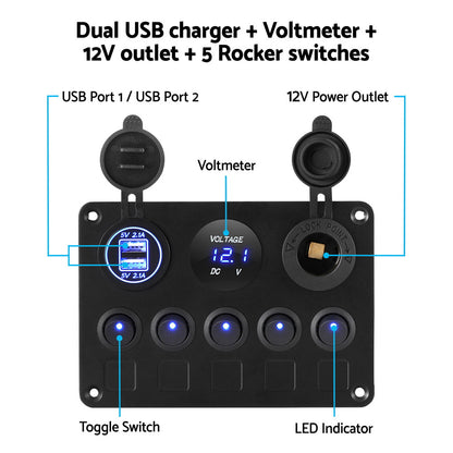  12V Switch Panel For Car Boat Marine USB ON-OFF LED Rocker Toggle