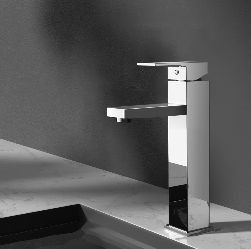 Basin Mixer Tap Square Tall Bathroom Faucet - Chrome