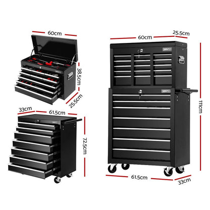 16 Drawer Tool Box Cabinet Chest Trolley Toolbox Garage Storage Black