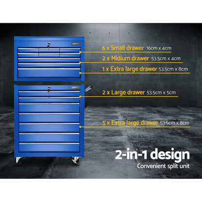 Tool Chest And Trolley Box Cabinet 16 Drawers Cart Garage Storage Blue