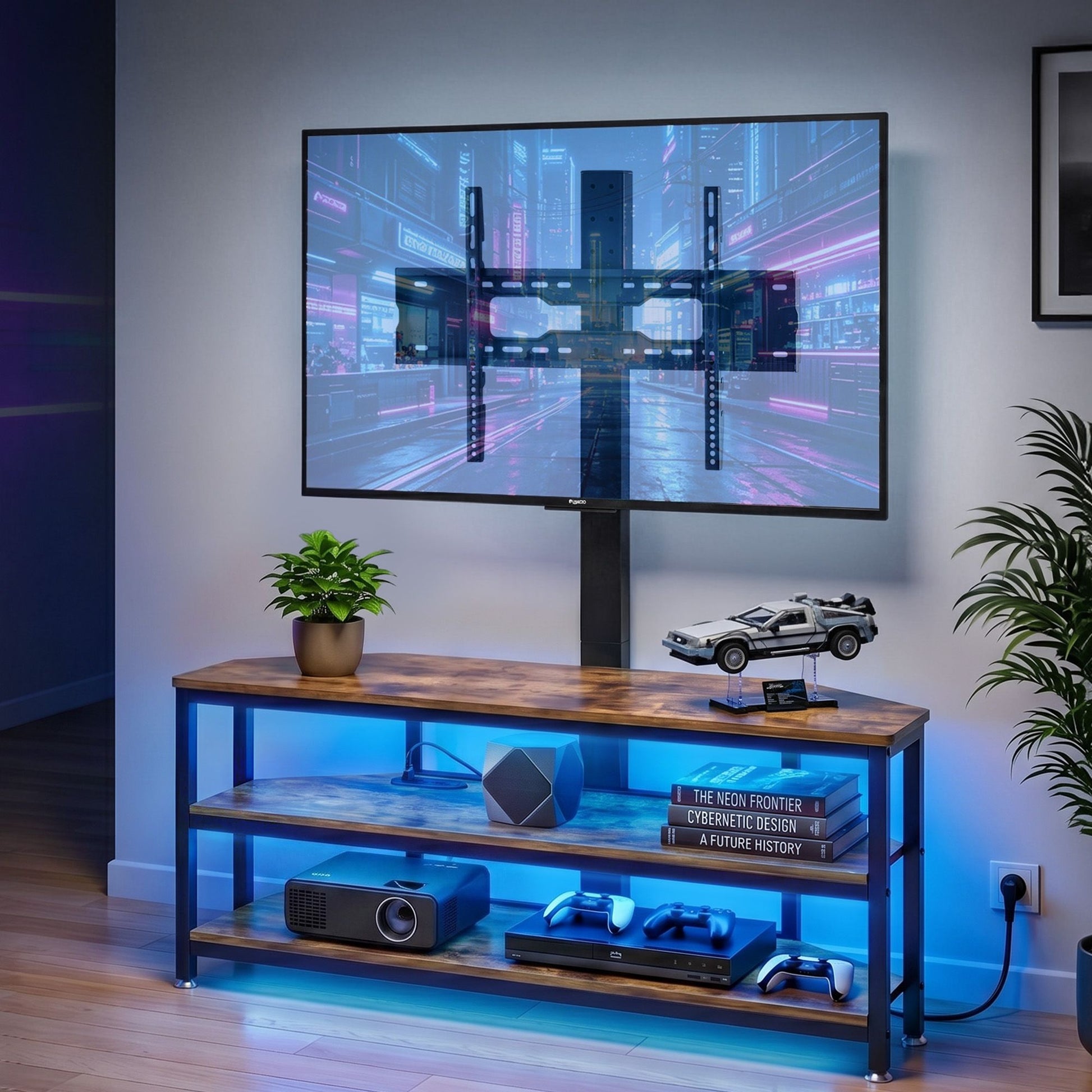 Corner TV Stand 32-70" LED Lights Power Outlet | HomeAndLivi