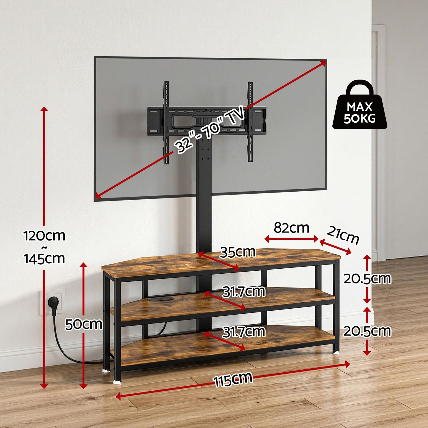 Corner TV Stand 32-70" LED Lights Power Outlet | HomeAndLivi - 3