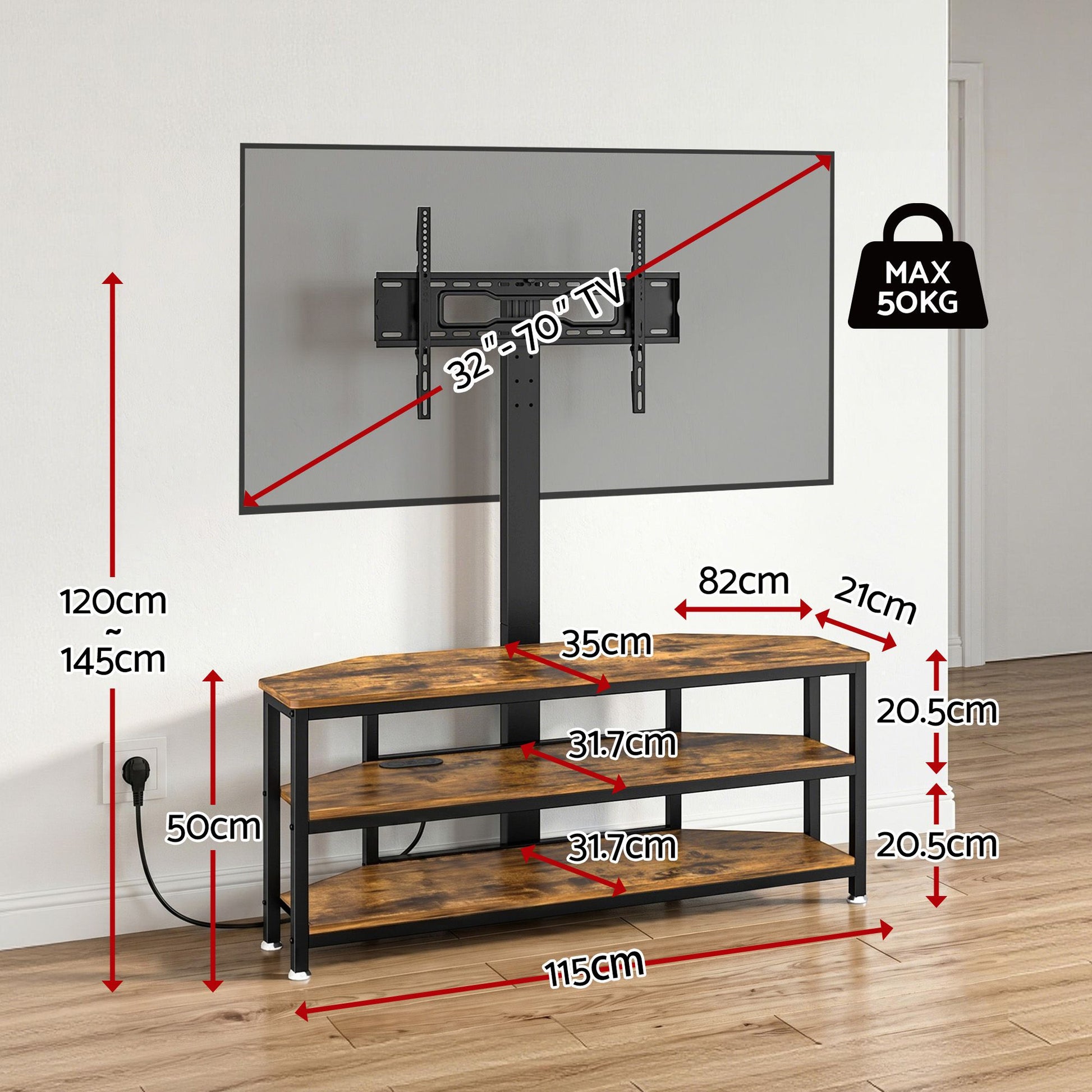 Corner TV Stand 32-70" LED Lights Power Outlet | HomeAndLivi - 3