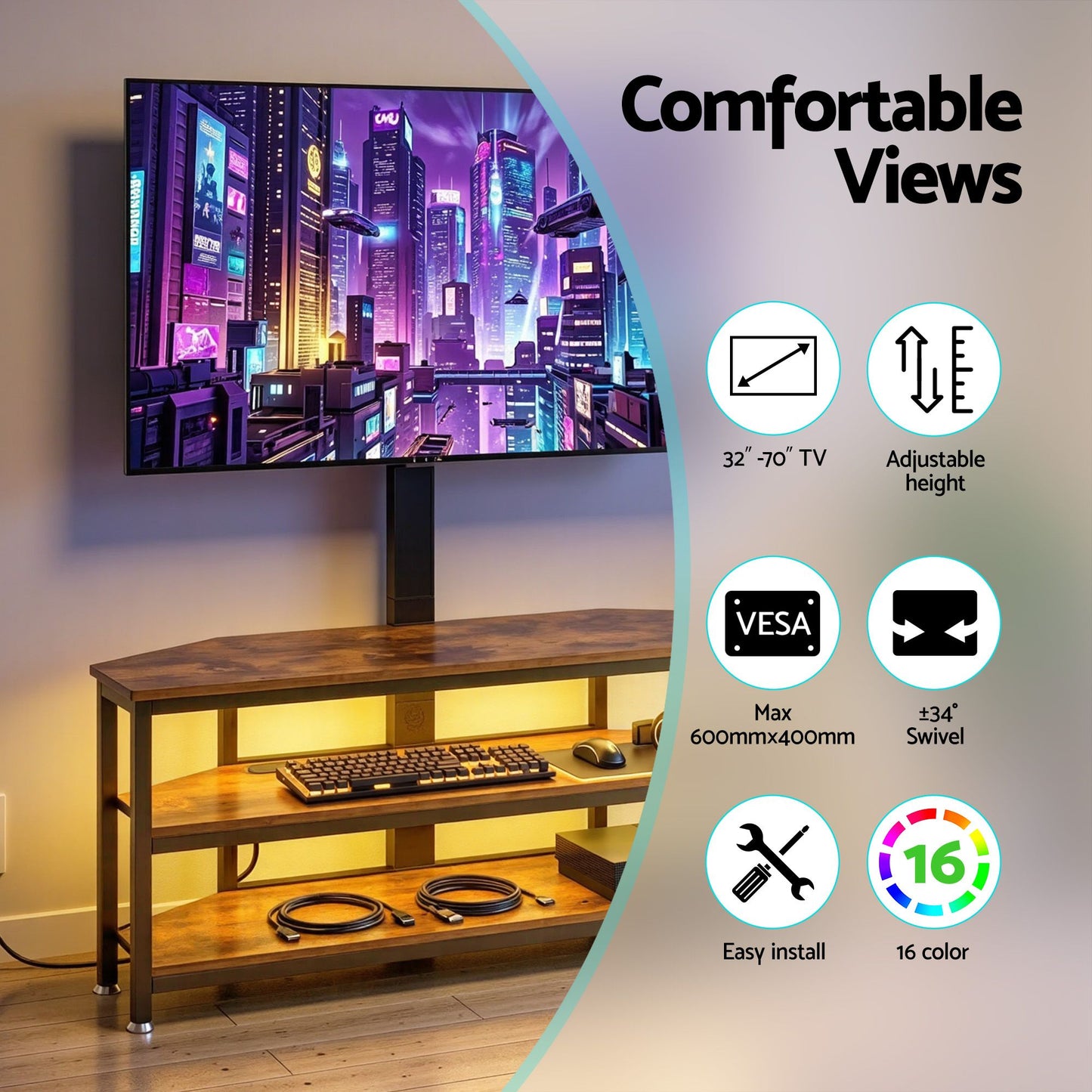 Corner TV Stand 32-70" LED Lights Power Outlet | HomeAndLivi - 5