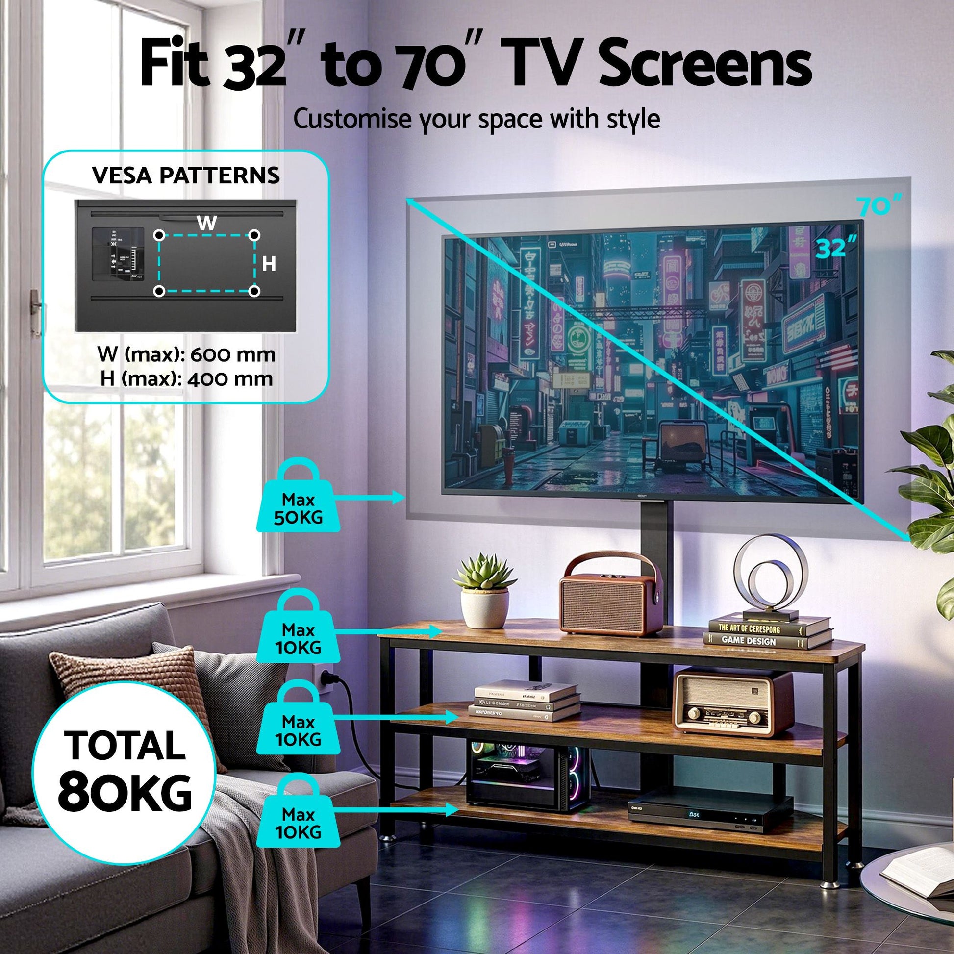 Corner TV Stand 32-70" LED Lights Power Outlet | HomeAndLivi - 6