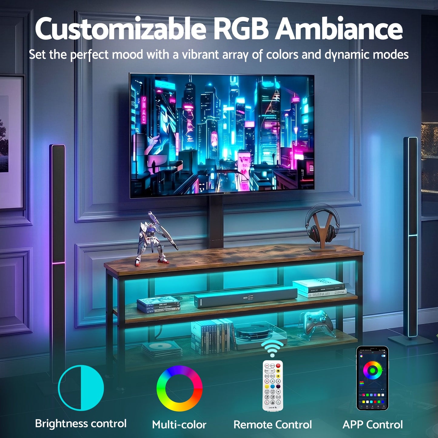 Corner TV Stand 32-70" LED Lights Power Outlet | HomeAndLivi - 8