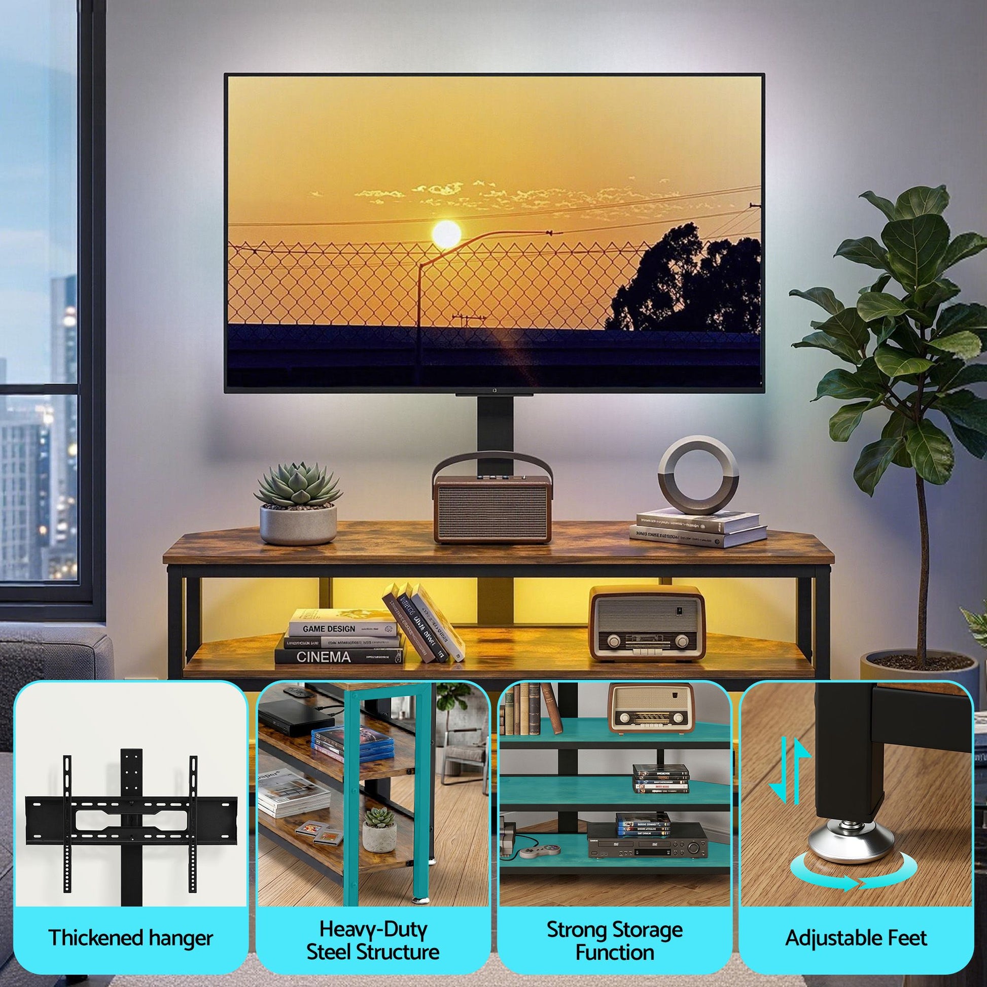 Corner TV Stand 32-70" LED Lights Power Outlet | HomeAndLivi - 10