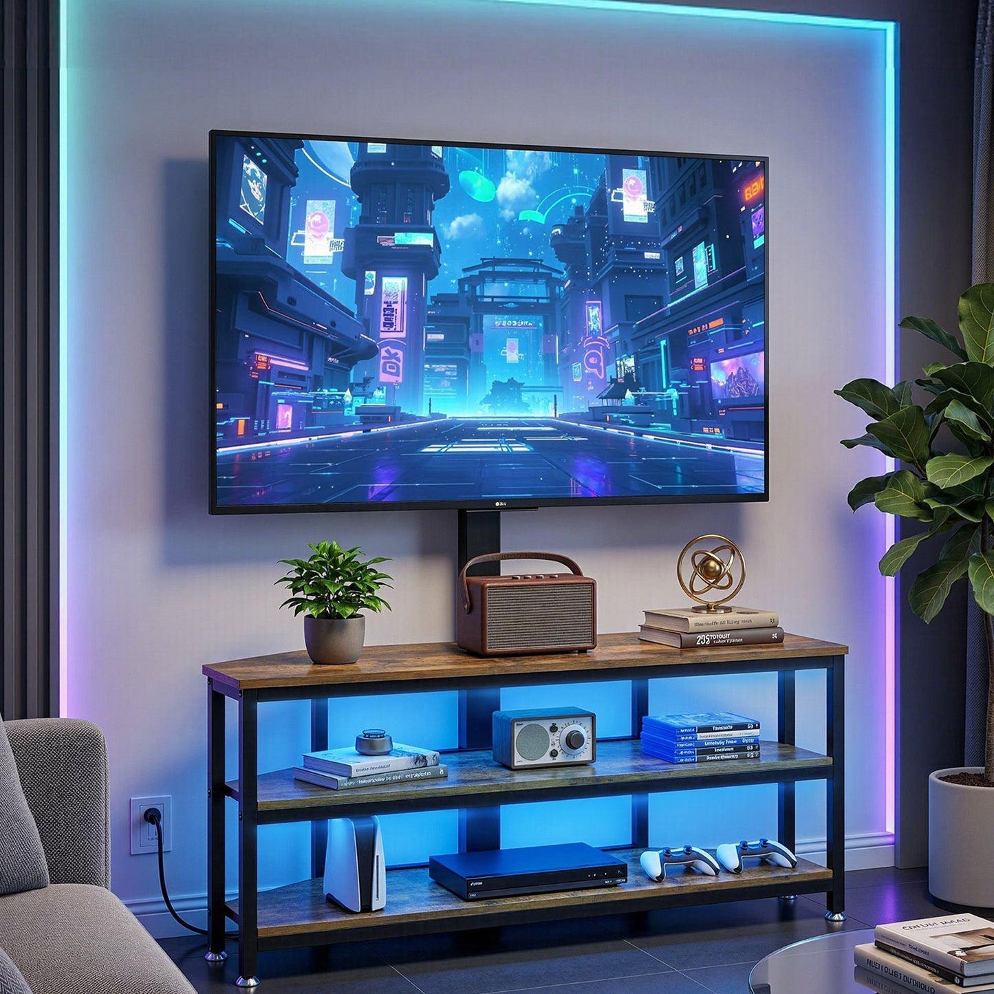 Corner TV Stand 32-70" LED Lights Power Outlet | HomeAndLivi - 11