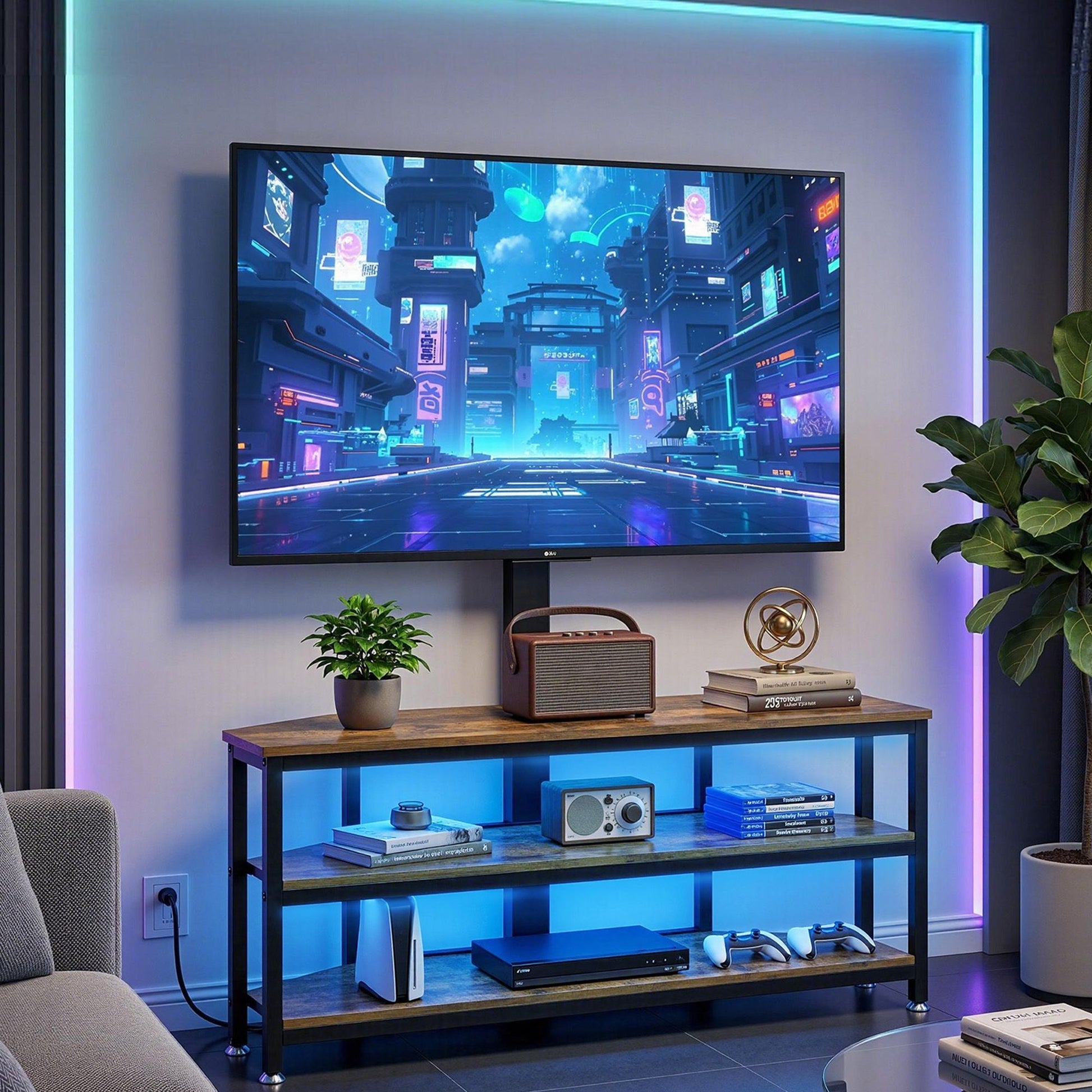 Corner TV Stand 32-70" LED Lights Power Outlet | HomeAndLivi - 11