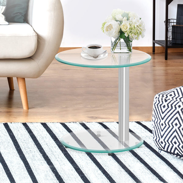  Side Coffee Table Bedside Furniture Oval Tempered Glass Top 2 Tier