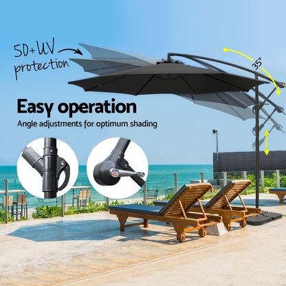 3M Umbrella W/Base Outdoor Cantilever Beach Garden Patio Parasol