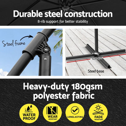3M Umbrella W/Base Outdoor Cantilever Beach Garden Patio Parasol