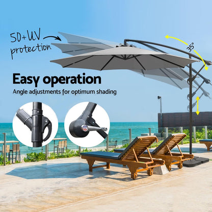 3M Umbrella W/Base Outdoor Cantilever Beach Garden Patio Parasol