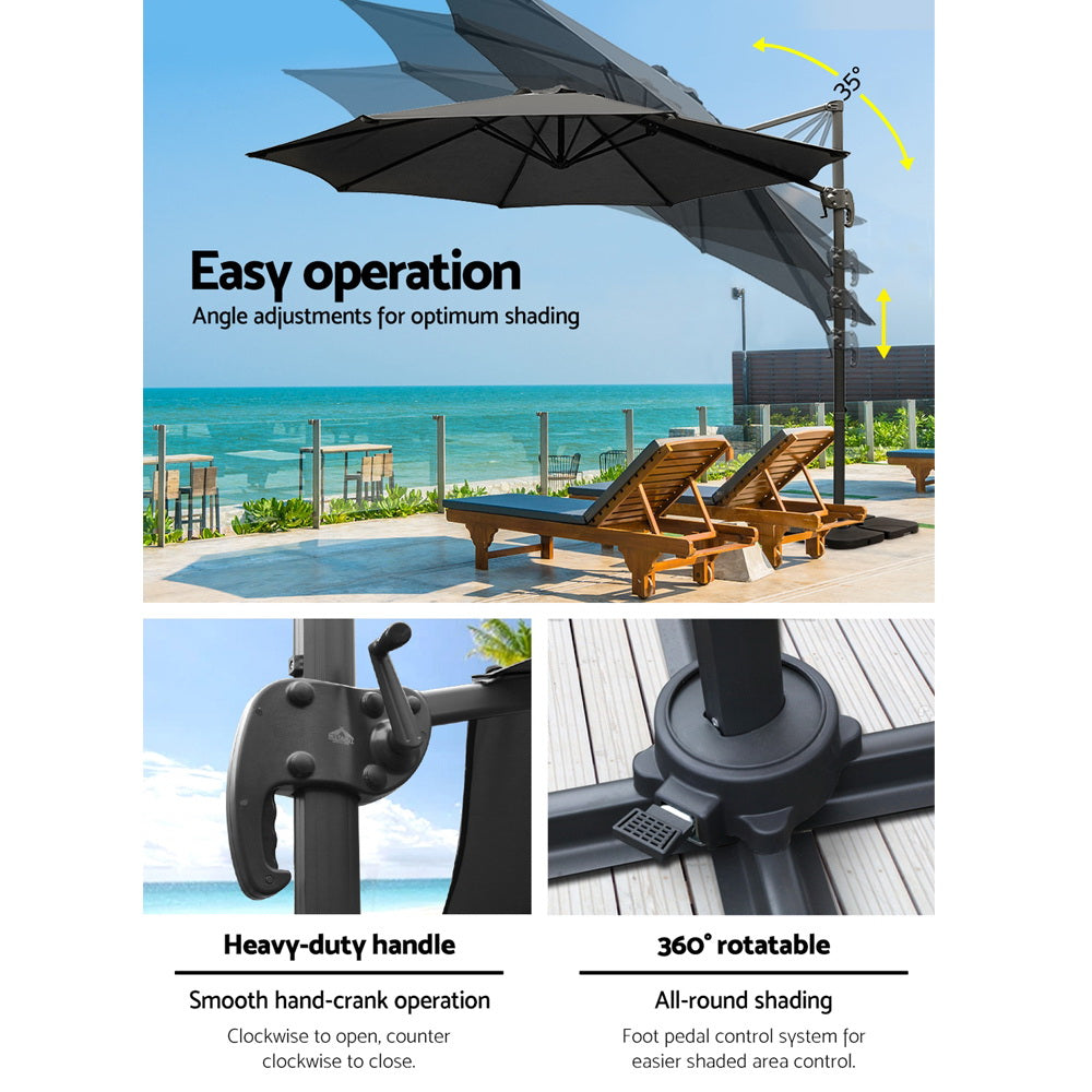 3M Outdoor Umbrella W/Base Cantilever Beach Roma 360 Degree Tilt Black