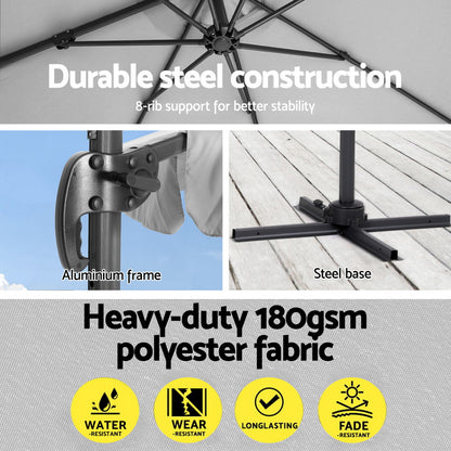 3M Outdoor Umbrella W/Base Cantilever Beach Roma 360 Degree Tilt Grey