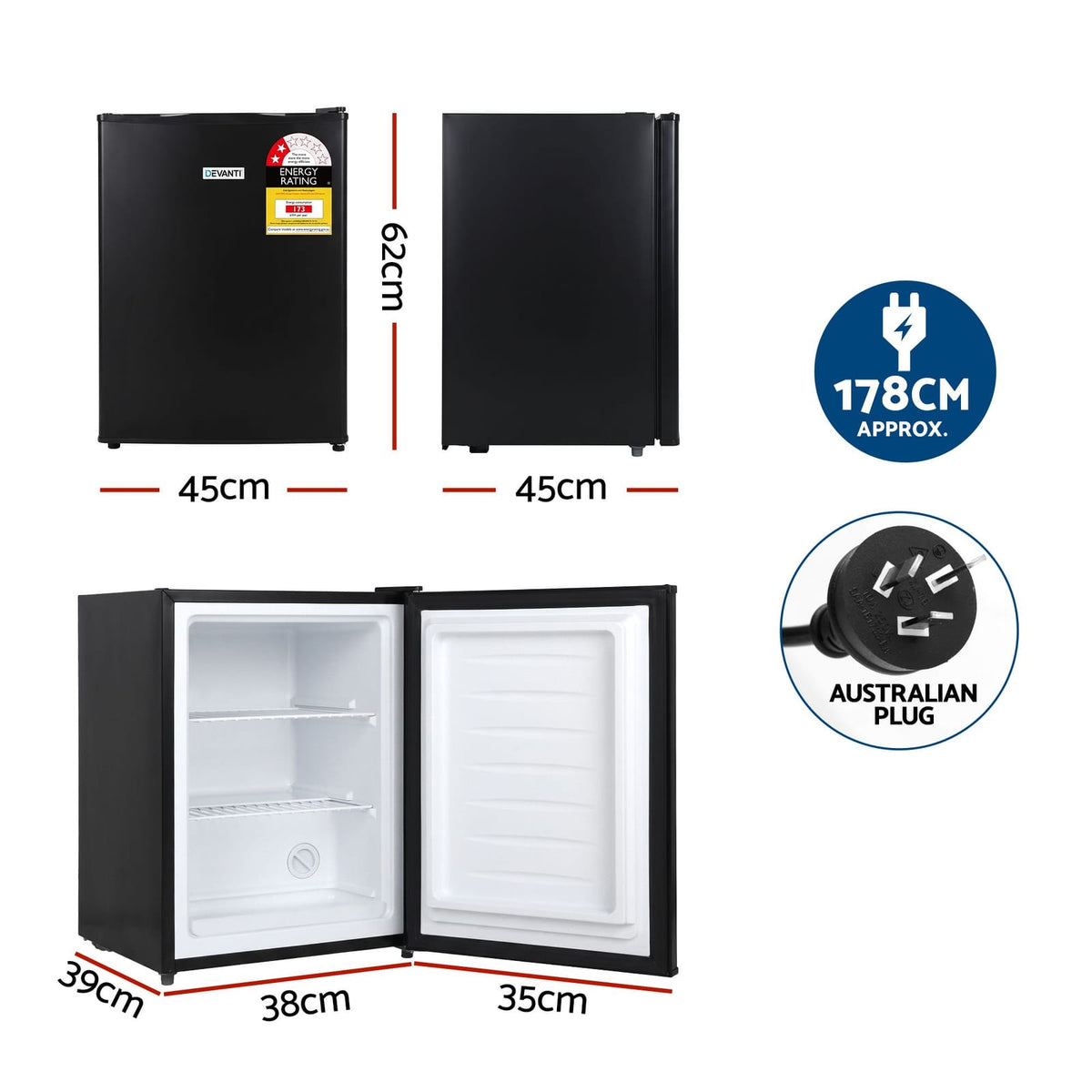 Upright Freezer 42L Black 45x45x62cm
