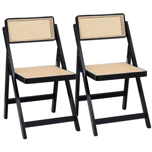 2x Foldable Dining Chairs Black Wooden Rattan Modern Home Furniture