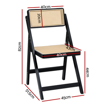 2x Foldable Dining Chairs Black Wooden Rattan Modern Home Furniture