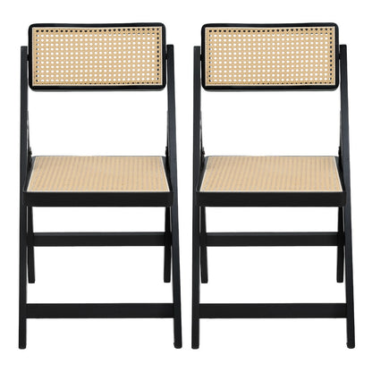 2x Foldable Dining Chairs Black Wooden Rattan Modern Home Furniture