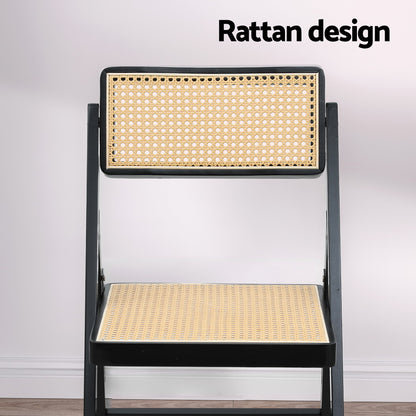 2x Foldable Dining Chairs Black Wooden Rattan Modern Home Furniture
