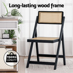 2x Foldable Dining Chairs Black Wooden Rattan Modern Home Furniture