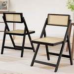 2x Foldable Dining Chairs Black Wooden Rattan Modern Home Furniture