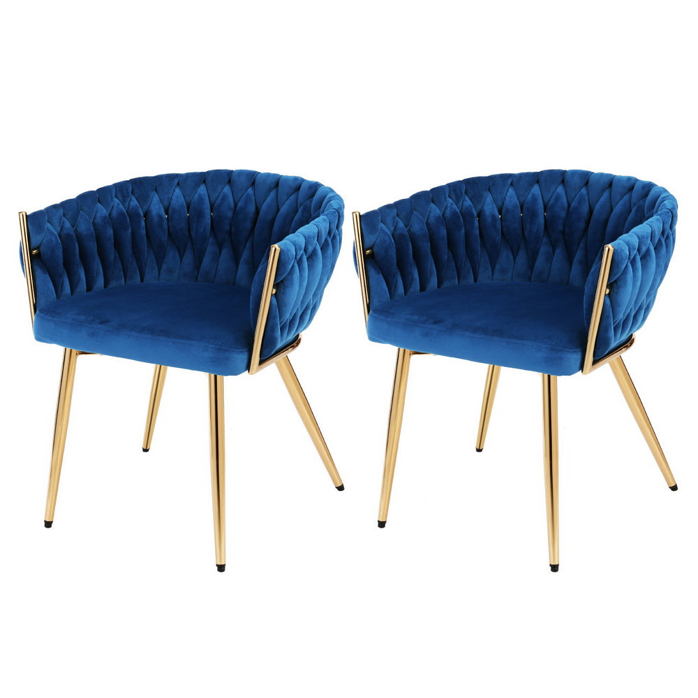 1 Set Of 2 Dining Chairs Velvet Weaving Armchair Blue
