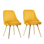 Set of 2 Dining Modern Chairs Yellow Velvet with Golden splayed legs