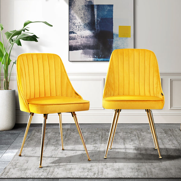  Set of 2 Dining Modern Chairs Yellow Velvet with Golden splayed legs