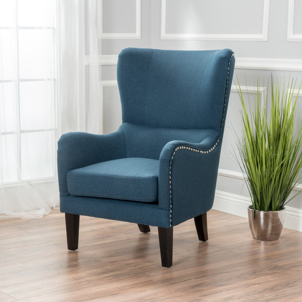 Dark Blue Fabric Armchair Vintage High Back Padded Living Room Chair