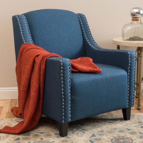  Camden Linen Fabric Studded Armchair in Dark Blue