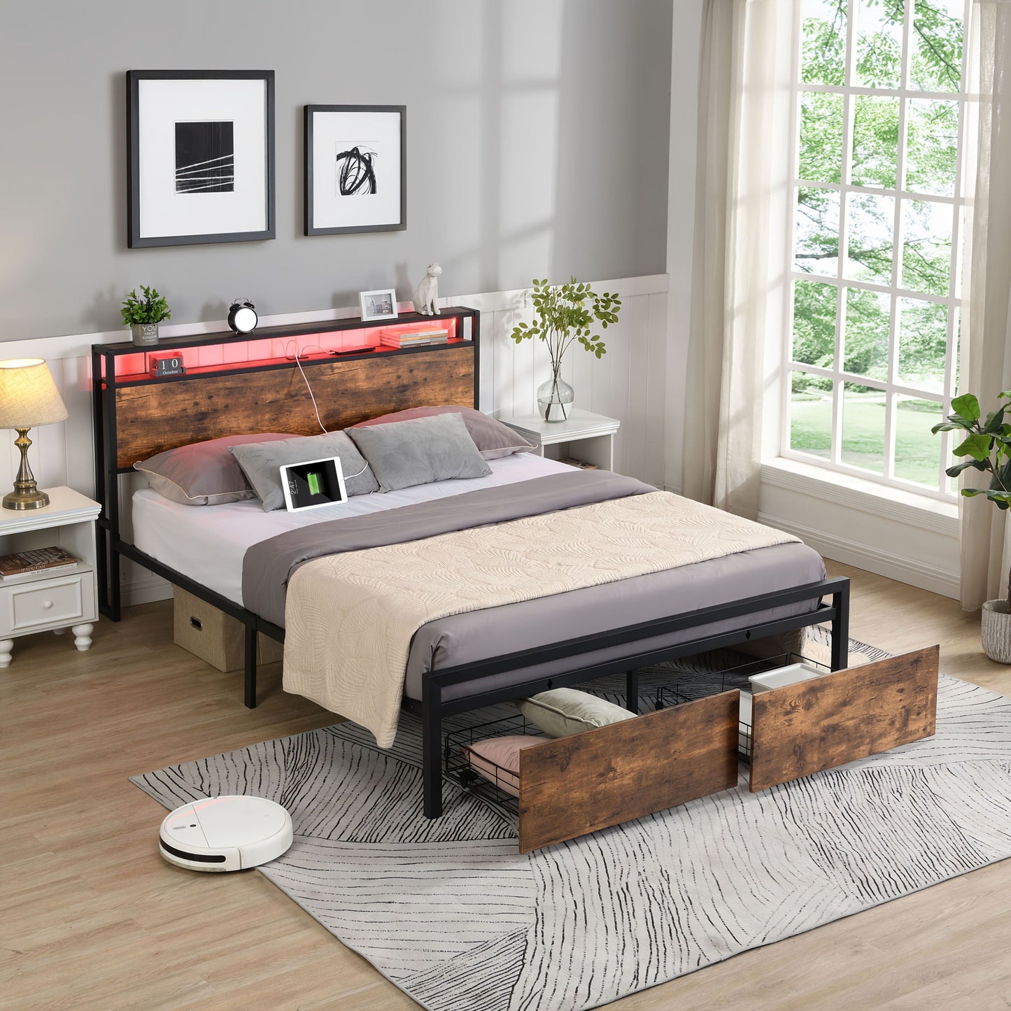 Double Bed Frame Storage Drawers LED Headboard | Home & Living