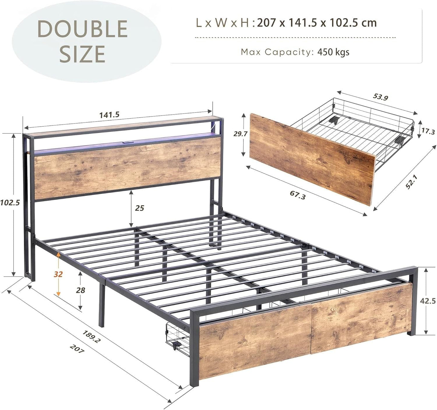 Double Bed Frame Storage Drawers LED Headboard | Home & Living - 2