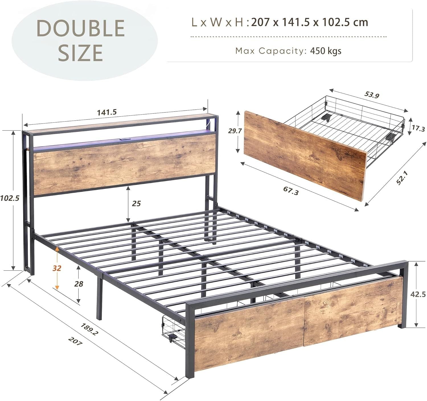 Double Bed Frame Storage Drawers LED Headboard | Home & Living - 2