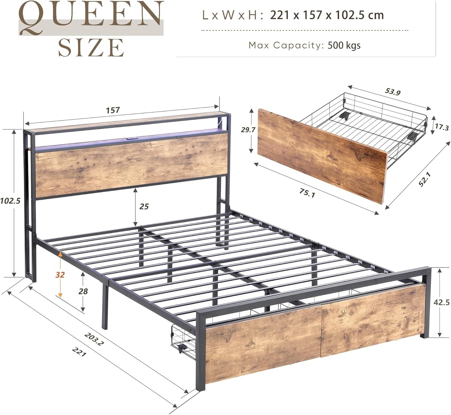 Queen Bed Frame Storage Drawers LED Headboard | Home & Living - 2