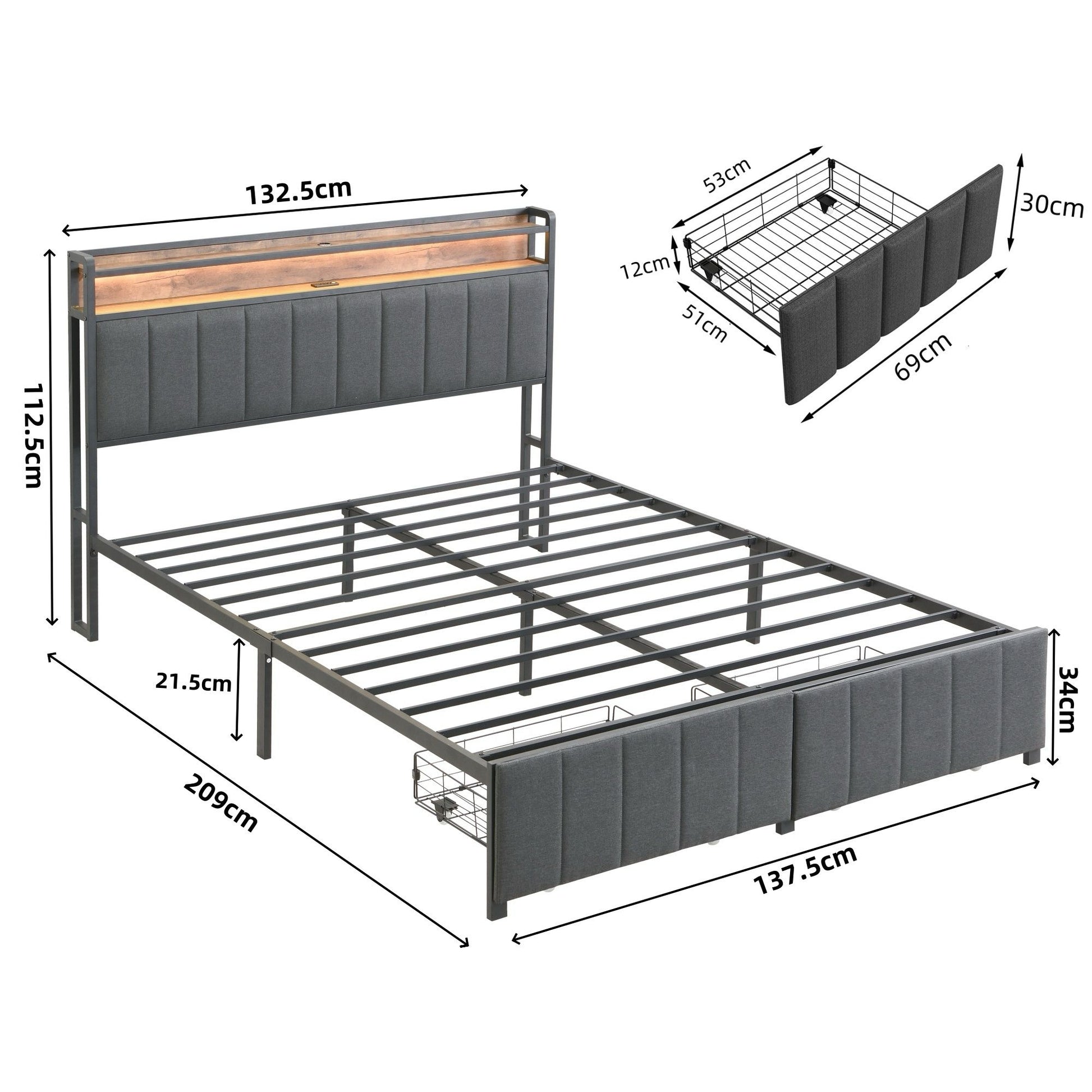 Double Bed Frame Storage Drawers LED Headboard | HomeAndLiving