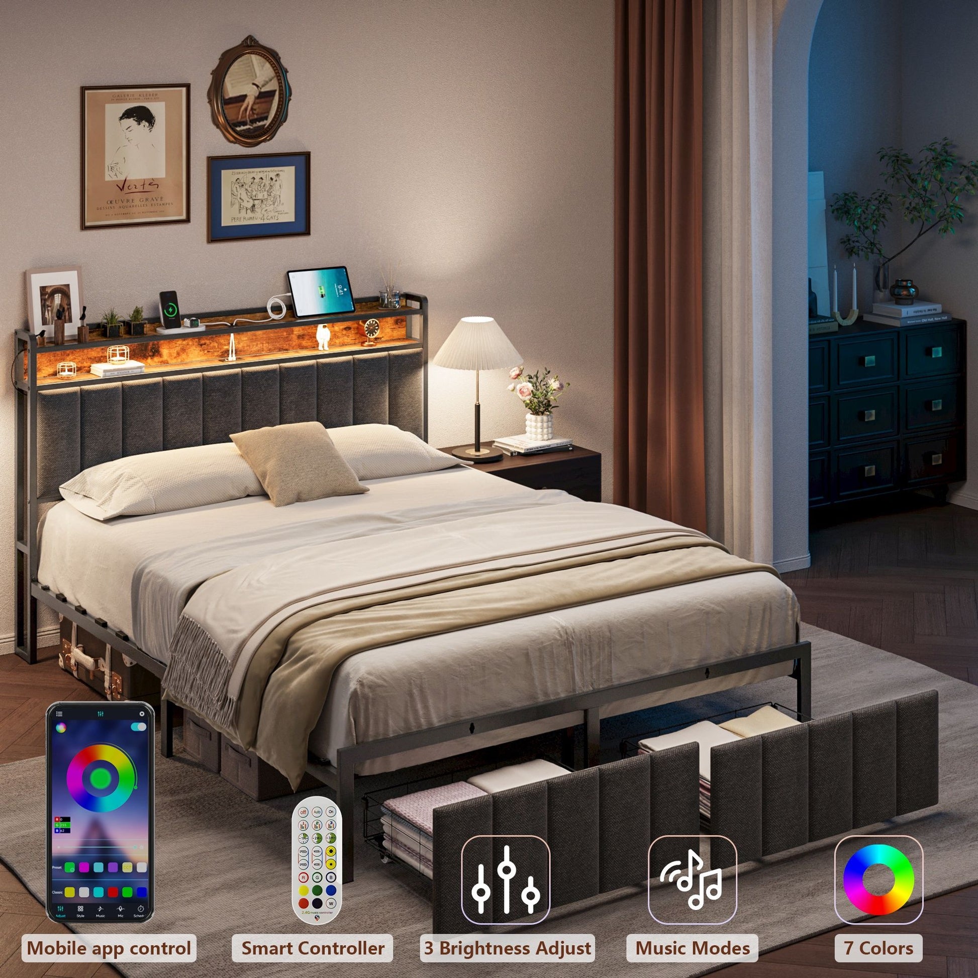 Double Bed Frame Storage Drawers LED Headboard | HomeAndLiving