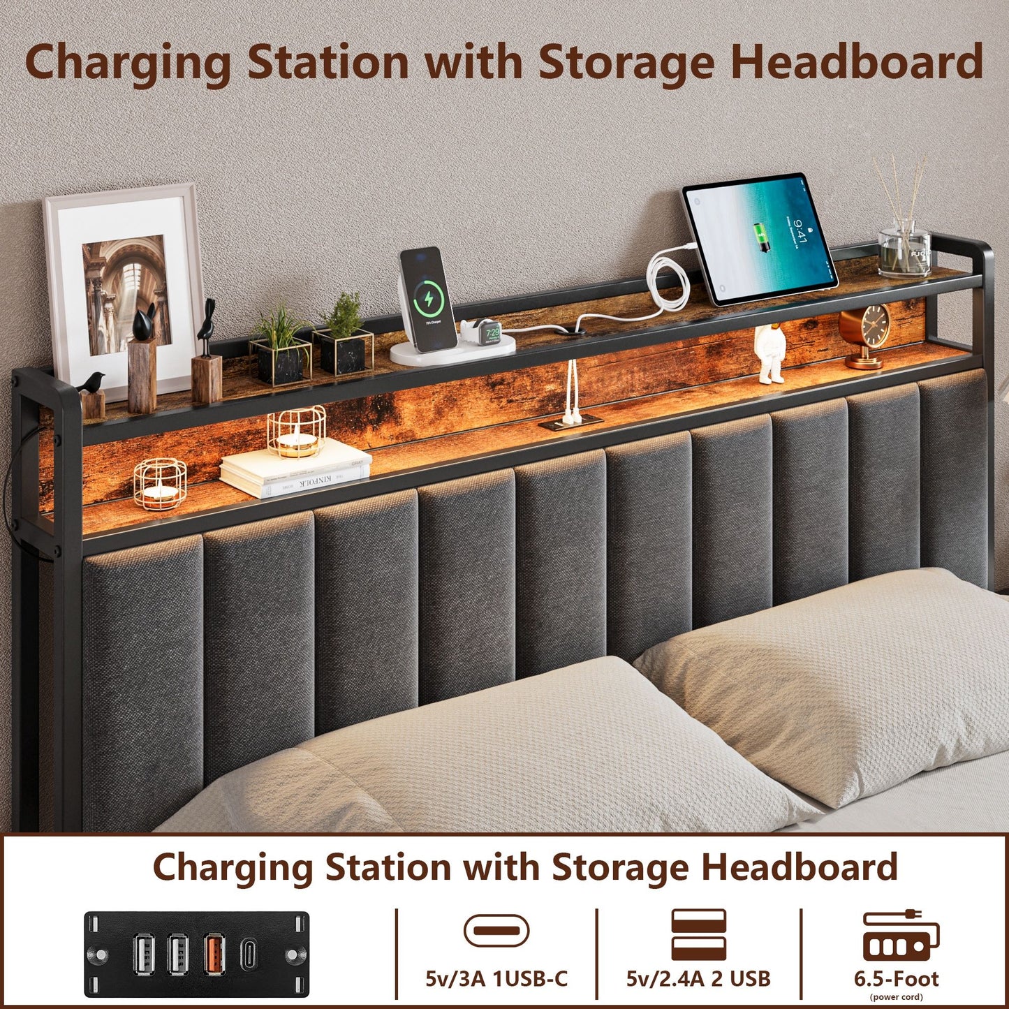 Double Bed Frame Storage Drawers LED Headboard | HomeAndLiving
