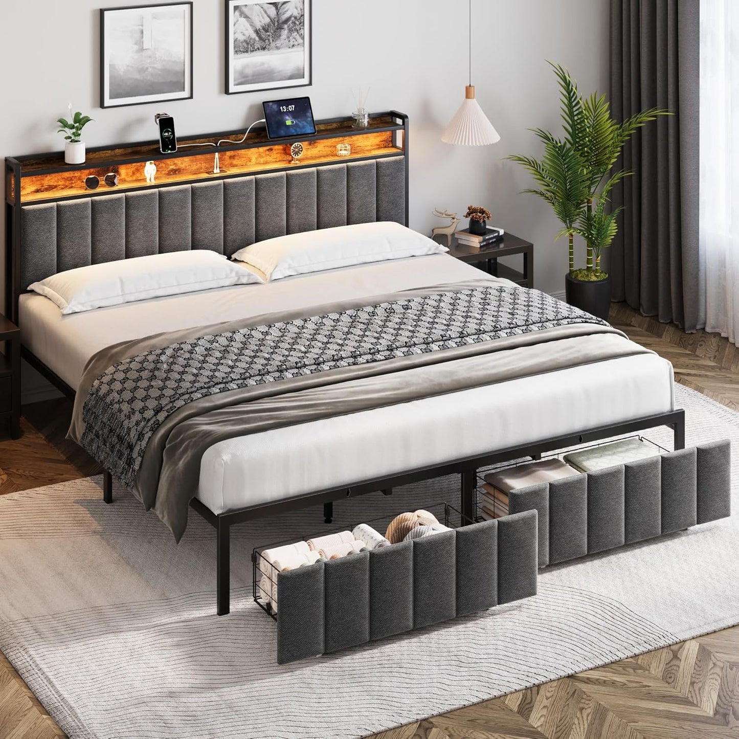 King Bed Frame Storage Drawers LED Headboard | HomeAndLiving